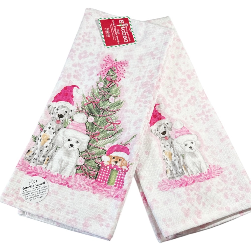 NEW Kay Dee Designs FURRY PETS PINK & WHITE CHRISTMAS Kitchen Towel Set/2